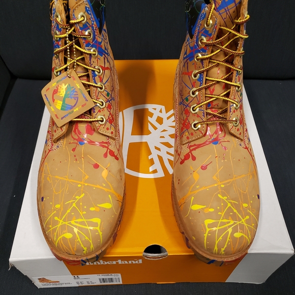 Timberland Premium 6" Wheat Boots with Multicolor Splatter - Picture 2 of 3